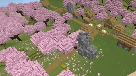 樱花林与村庄美景